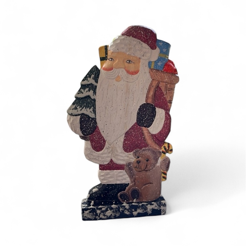 Christmas Santa 12" Folk Art Wood Santa with Sack of Toys Holiday Figurerine